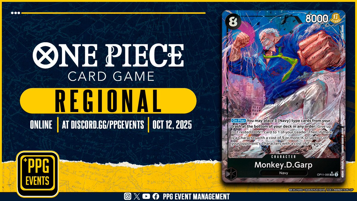 _proplaygames's tweet image. TICKET SALES GO LIVE TOMORROW
Registration for the One Piece Card Game Online October Regional opens July 27th at 12PM EDT
Event Date: October 12, 2025
Register here: buff.ly/CS9FeSS
Don't miss your chance to compete at the highest level.