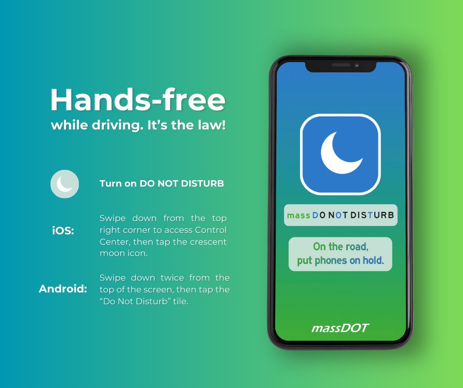 MassRMV's tweet image. Stay focused on the road! Activate 'Do Not Disturb' on your phone with just a few taps.
📱 iOS: Swipe down from the top-right corner to access Control Center, then tap the crescent moon icon.
📱 Android: Swipe down twice from the top of your screen. Then, tap “Do Not Disturb".