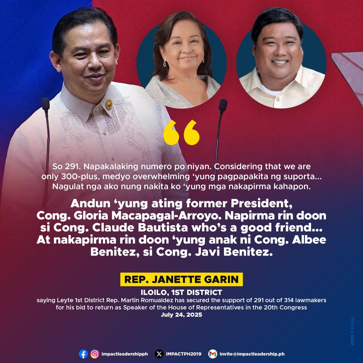 iMPACTPH2019's tweet image. ROMUALDEZ SECURES MEGA-MAJORITY SUPPORT WITH 291 LAWMAKERS BACKING SPEAKERSHIP — REP. GARIN
Leyte 1st District Rep. Martin Romualdez has secured the support of 291 out of 314 lawmakers for his bid to return as Speaker of the House of Representatives in the 20th Congress,…