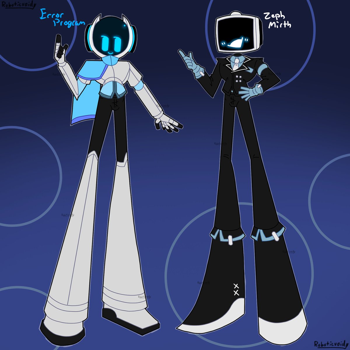 RoboticV0id's tweet image. Here is a quick drawing of my two main bois Error &amp;amp; Zeph. I also drew them with trying a new line art style and want some thoughts on it :]