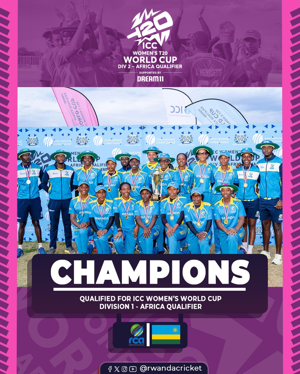 RwandaCricket's tweet image. Rwanda women are champions of the ICC Women’s T20 World Cup Division 2 – Africa Qualifier after a strong 51-run win over Sierra Leone.
They have now secured their place in the Division 1 Qualifier, which will take place in Namibia.
#GrowingWithEveryStep
@Rwanda_Sports