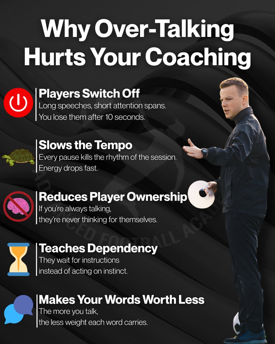 Over-talking is the silent killer of great coaching.

You think you’re helping.
You’re actually slowing everything down.

Players tune out. 
Sessions lose energy. 
Nobody improves.

Here’s why less talk can mean better coaching,
and how to stop overdoing it👇