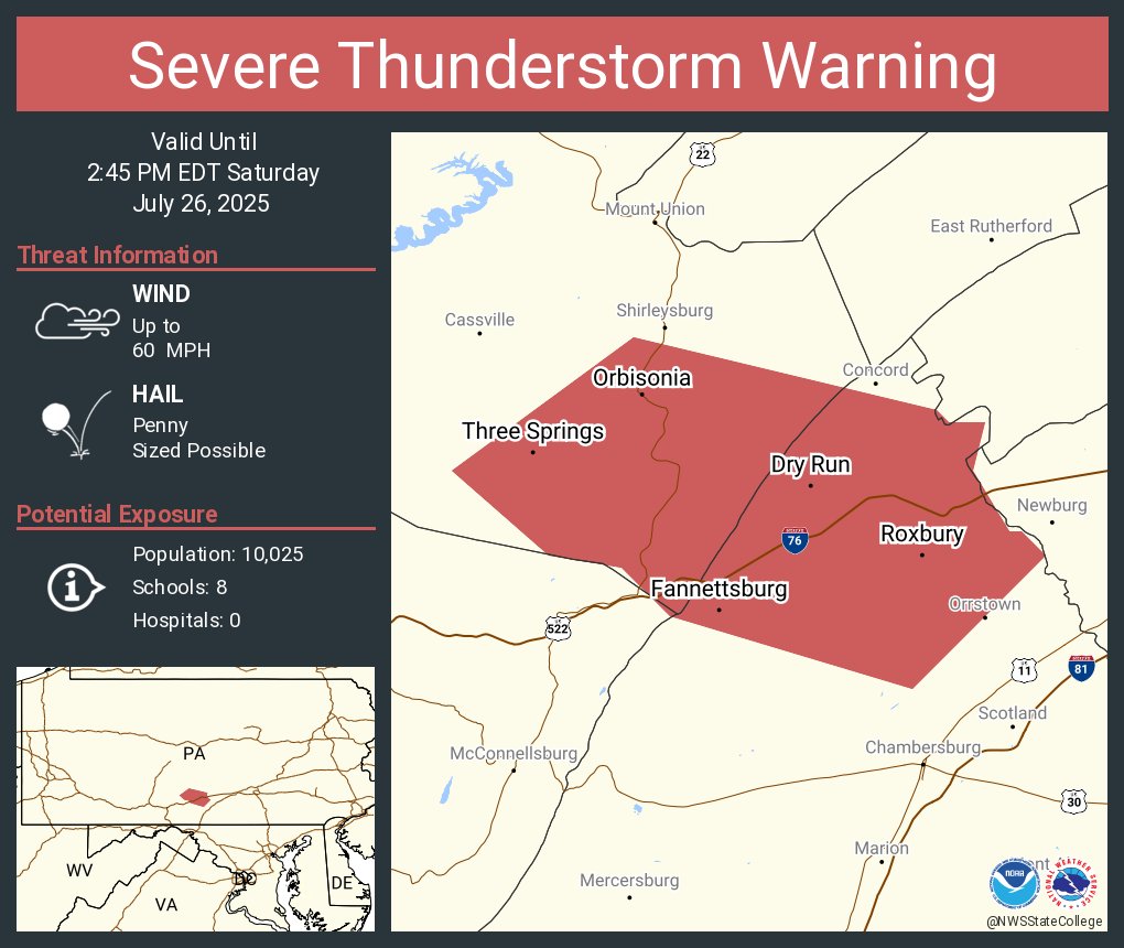 NWSStateCollege's tweet image. Severe Thunderstorm Warning including Three Springs PA, Orbisonia PA and Rockhill PA until 2:45 PM EDT
