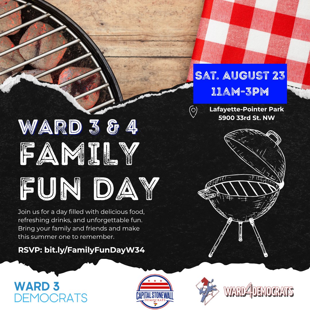 Ward 3 Democrats (@wrd3dc) on Twitter photo You are invited! Ward 3 Democrats is excited to partner with <a href="/Ward4DemsDC/">Ward 4 Dems of DC</a> and <a href="/stonewalldems51/">Capital Stonewall Democrats</a> Democrats in hosting a Family Fun Day on Saturday, August 23 beginning at 11am in Lafayette-Pointer Park. Please register via our mobilize here: bit.ly/FamilyFunDayW34 You are invited! Ward 3 Democrats is excited to partner with <a href="/Ward4DemsDC/">Ward 4 Dems of DC</a> and <a href="/stonewalldems51/">Capital Stonewall Democrats</a> Democrats in hosting a Family Fun Day on Saturday, August 23 beginning at 11am in Lafayette-Pointer Park. Please register via our mobilize here: bit.ly/FamilyFunDayW34