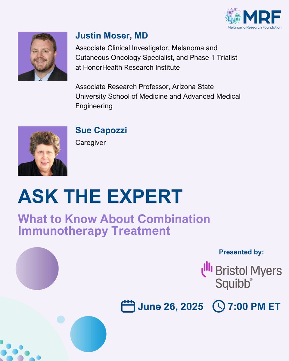 CureMelanoma's tweet image. Want to learn more about innovative melanoma treatment options? You can watch our recent Ask the Expert webinar, “What to Know About Combination Immunotherapy Treatment", up on our YouTube now!
Last month, Dr. Justin Moser of the HonorHealth Research Institute and melanoma…