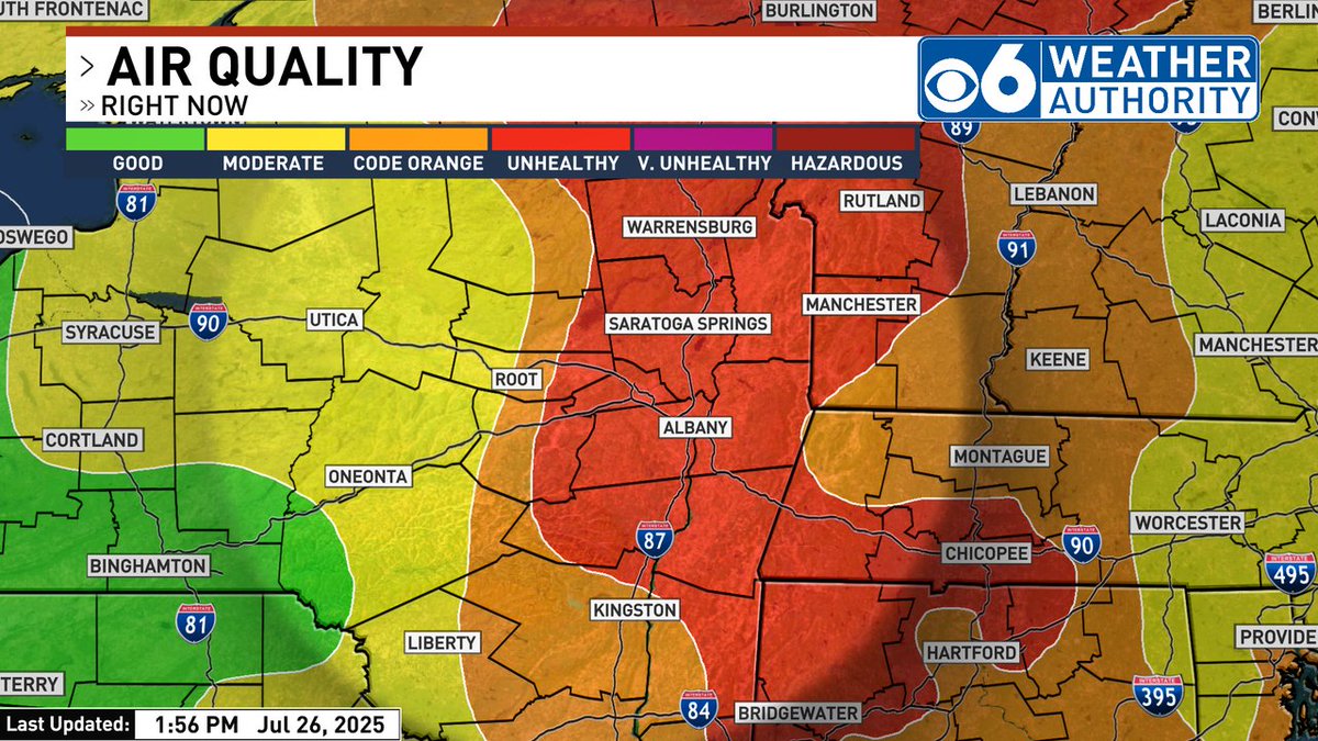 Widespread unhealthy air due to low level wildfire smoke particles.  That thick haze is smoke.  It's recommended that anyone with existing respiratory problems avoid being outside today and the rest of us should consider limiting exposure to outside air if possible.