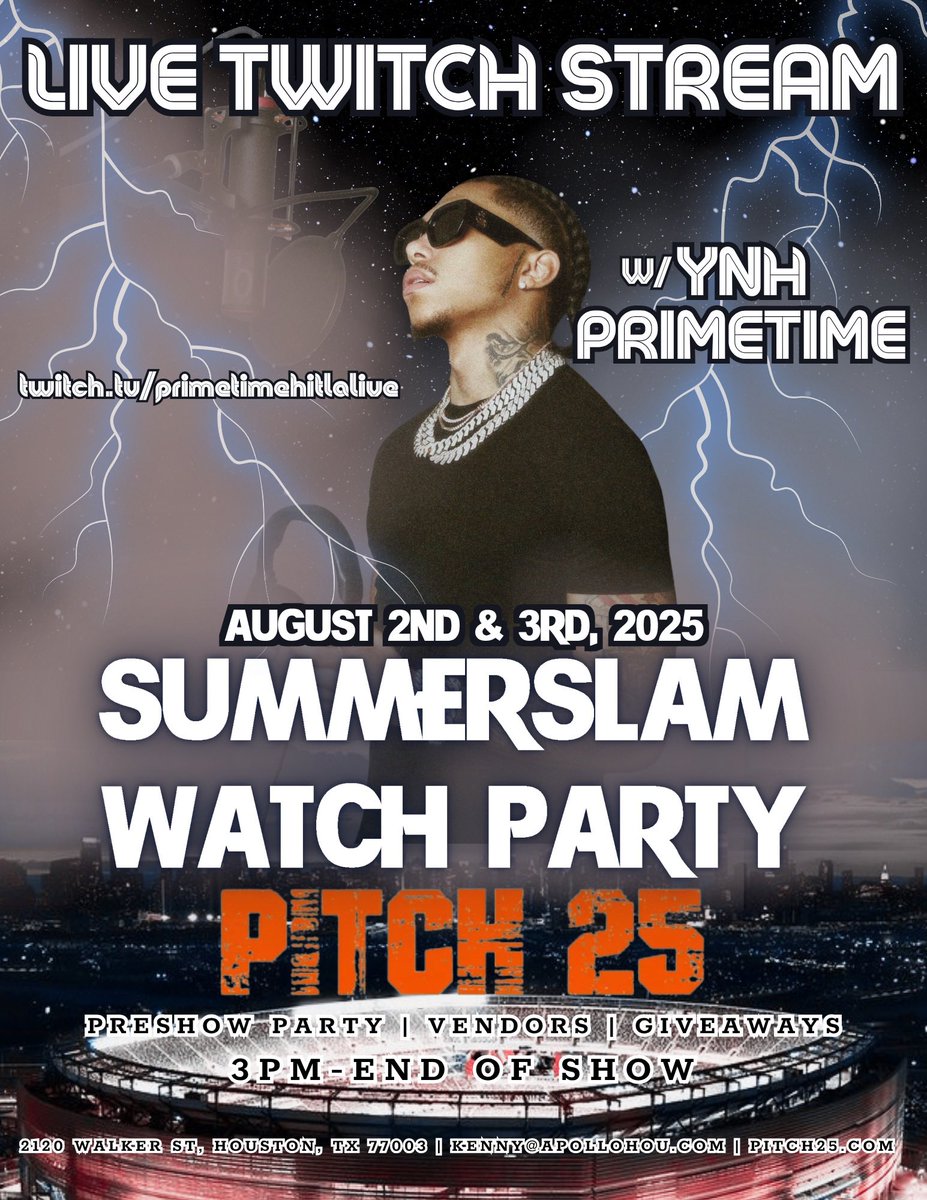 SummitCommish's tweet image. SUMMERSLAM WATCH PARTY JUST GOT BIGGER🔥

A family legacy.

A record breaking streamer.

All under one roof at our @ApolloHOU SummerSlam Watch Party on August 2nd &amp;amp; 3rd only at @Pitch25HTX 

I’m not here to make friends, I’m here to make History 🚀
