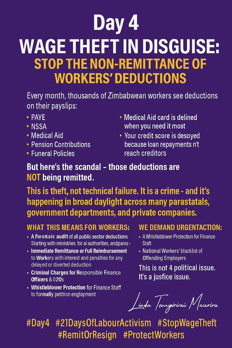 lilomatic's tweet image. 🟣 Day 4 – Wage Theft in Disguise: Stop the Non-Remittance of Workers' Deductions
Every month, thousands of Zimbabwean workers see deductions on their payslips-
🟡 PAYE
🟡 NSSA
🟡 Medical Aid
🟡 Pension Contributions
🟡 Funeral Policies
🟡 Loan Repayments to Microfinance…
