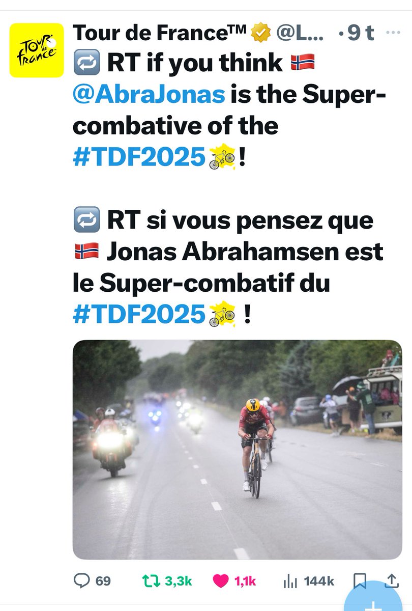 dago2_lauritzen's tweet photo. Gå inn på #TDF2025 og retweet : Jonas Abrahamsen Super-combatif du #TDF2025 
Jonas ble forbigått i 2024 og i år igjen alltid i brudd og også etappeseier hvilken tape var det han vant  11. etappe 🚴🤩👍 https://t.co/th26Y2Etgp