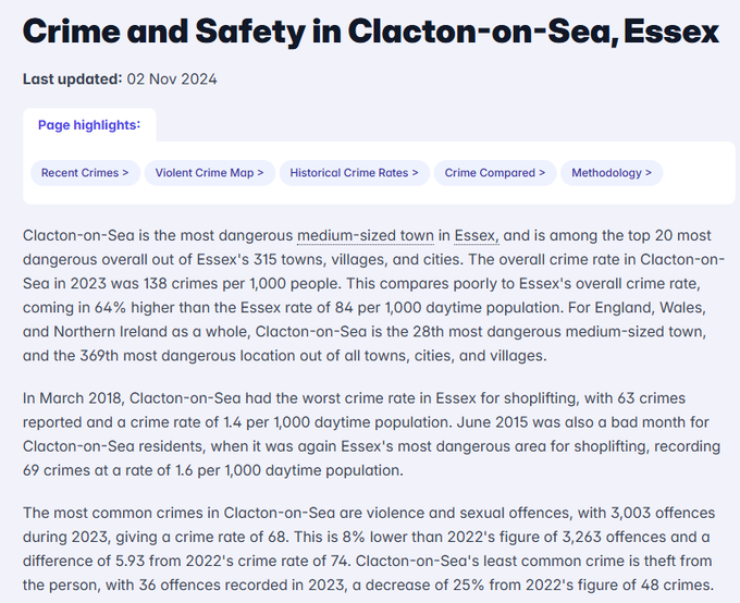 Across Clacton-on-Sea, 
95.3% of people identified with a White ethnic group, 1.6% as Asian, Asian British, Asian Welsh, 
0.8% as Black, Black British, Black Welsh, Caribbean or African,
1.9% Mixed or Multiple ethnic groups, 
0.4% other ethnic group

Now see crime below as Reform