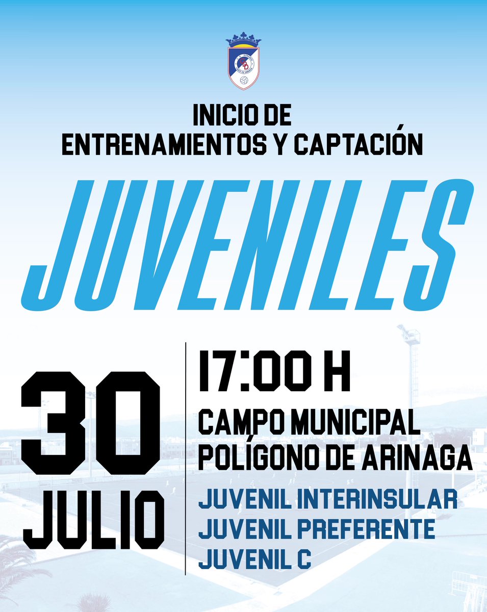 Este proximo miercoles 30/07 arrancan nuestros juveniles. Todos los jugadores del club y los que deseen incorporarse esta temporada tienen una cita en el Campo Municipal del Poligono de Arinaga a las 17:00. Arrancamos 💪🩵🤍
