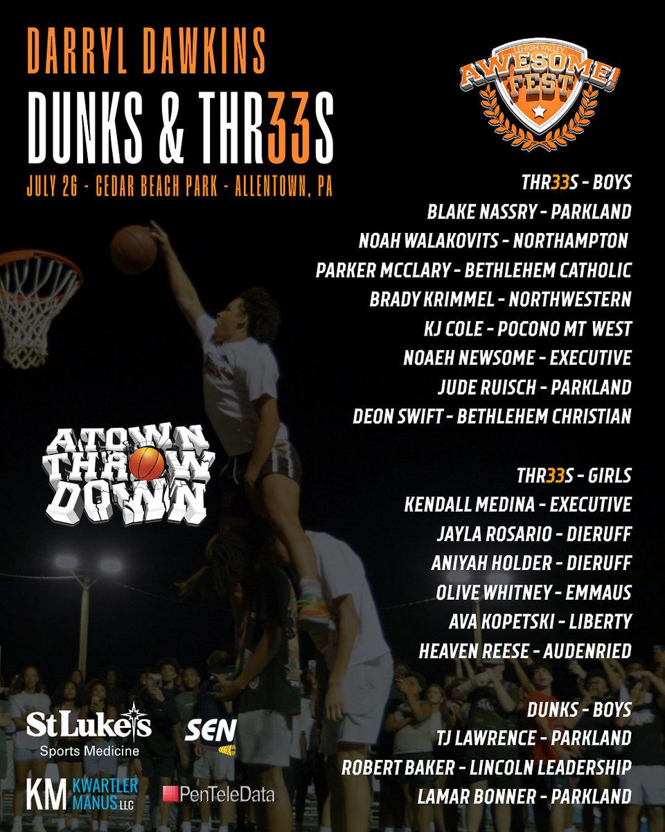 A_TownThrowDown's tweet image. Darryl Dawkins Dunks and Thr33s TONIGHT 👀🏀
Cedar Beach Park - Allentown, PA
#lehighvalleyevents #lehighvalleyawesomefest #dunk #contest #allentownpa #atownthrowdown #darryldawkins #cedarbeachpark