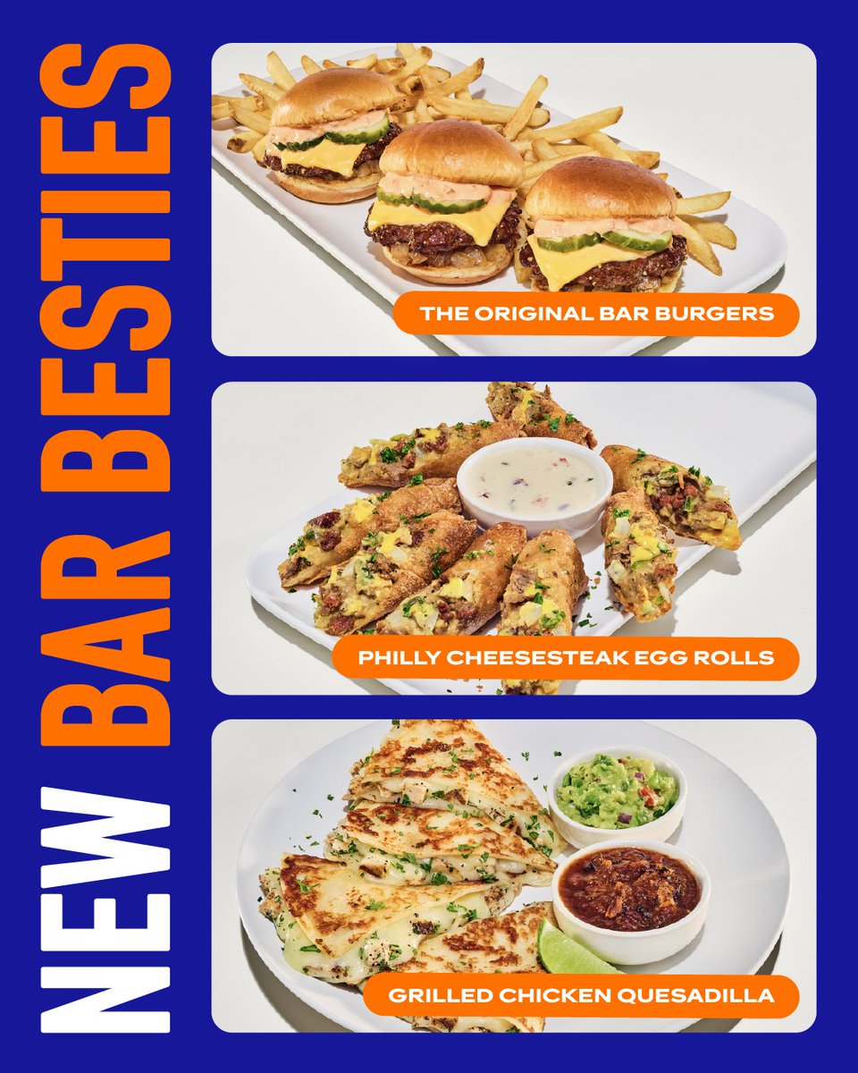 DaveandBusters's tweet image. Try our delicious new bar menu with faves like Original Bar Burgers and Philly Cheesesteak Egg Rolls.