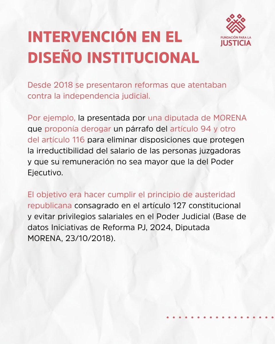 FJEDD's tweet image. #informe
En el sexenio 2018-2024, el mayor número de iniciativas correspondió a la categoría “independencia judicial” (51.9%), una tendencia clara hacia la intervención en el diseño institucional y autonomía política de las personas juzgadoras
🔗Consulta:…