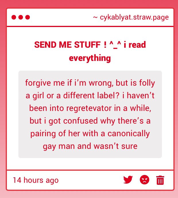 tackysyrup's tweet image. 1. FOLLY CANONICALLY DOES NOT HAVE A GENDER NOR A SEXUALITY!

2. (MAKOS TUMBLR) YOU CAN HEADCANNON THE CHARACTERS TO BE WHATEVER YOU WANT, I PERSONALLY HEADCANNON FOLLY AS GENDERFLUID^_^ yeucc has also interacted with a lot lesbian wallmark and dreamwall posts so i doubt he minds