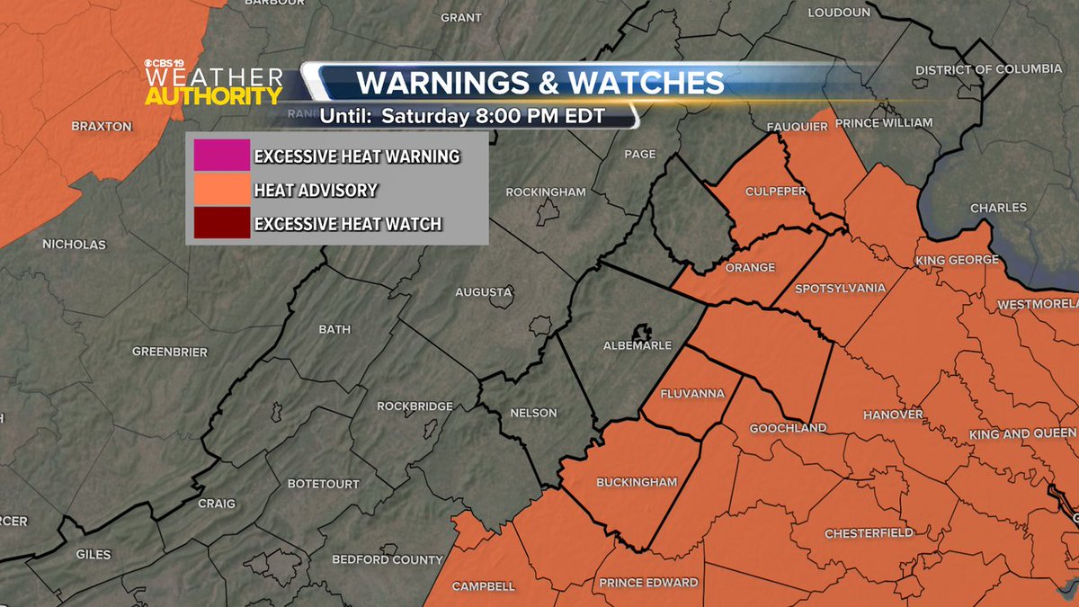 CBS19News's tweet image. A Heat Advisory is now in effect until 7/27 8:00PM for the following counties: City of Lynchburg, Rockingham, City of Danville, Campbell, Caswell, Halifax, Appomattox, Pittsylvania, Charlotte, Buckingham. Heat-related illnesses are possible if precautions are not taken.