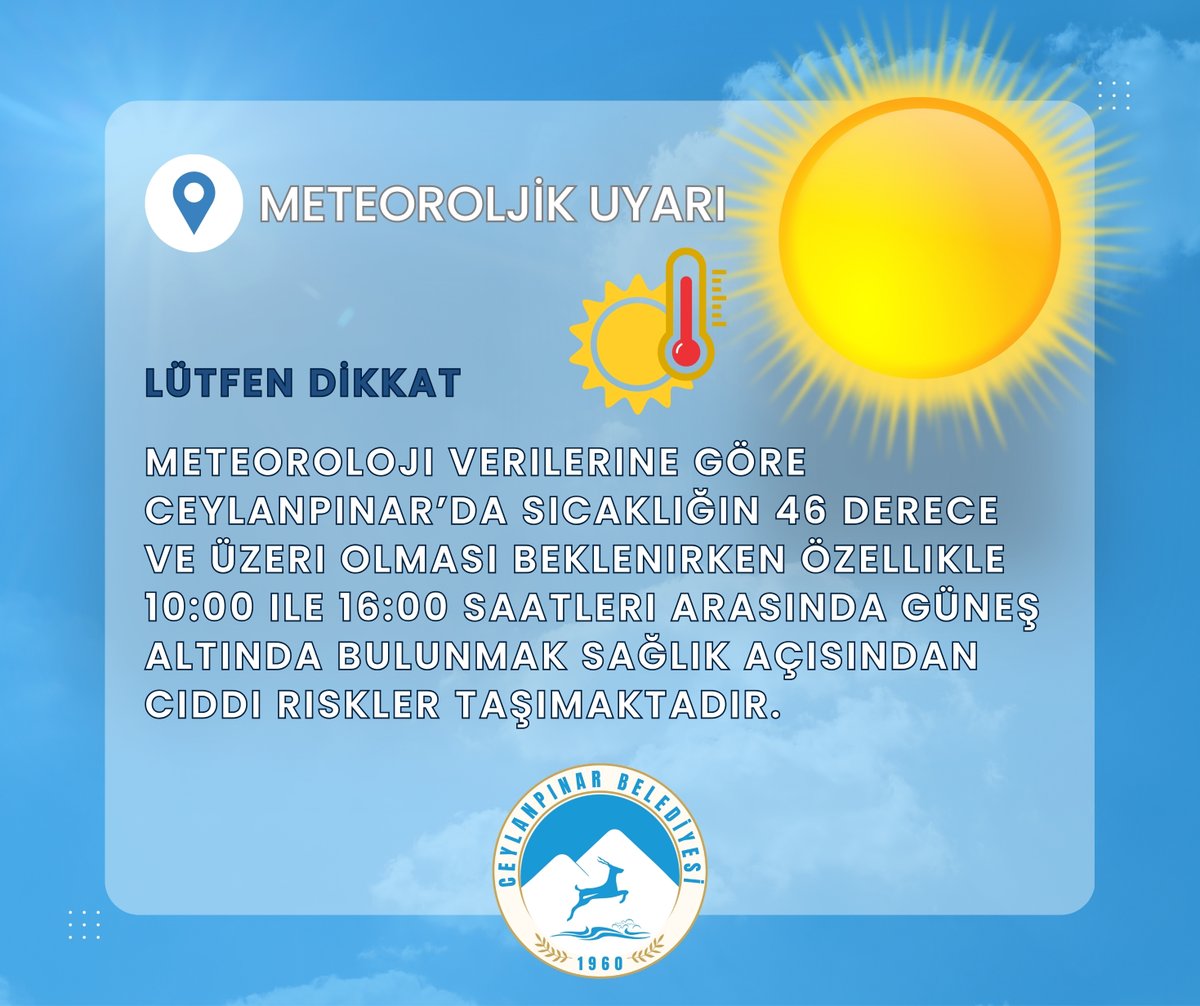 ☀️Hava sıcaklıklarının 46 dereceye ve üstü olması beklenen ilçemizde, uzmanların güneş çarpması riskine karşı yaptığı uyarıları dikkate almanızı önemle rica ediyoruz. Özellikle 10.00-16.00 saatleri arasında dışarı çıkmaktan kaçının. Kronik rahatsızlığı olanlar, yaşlılarımız ve