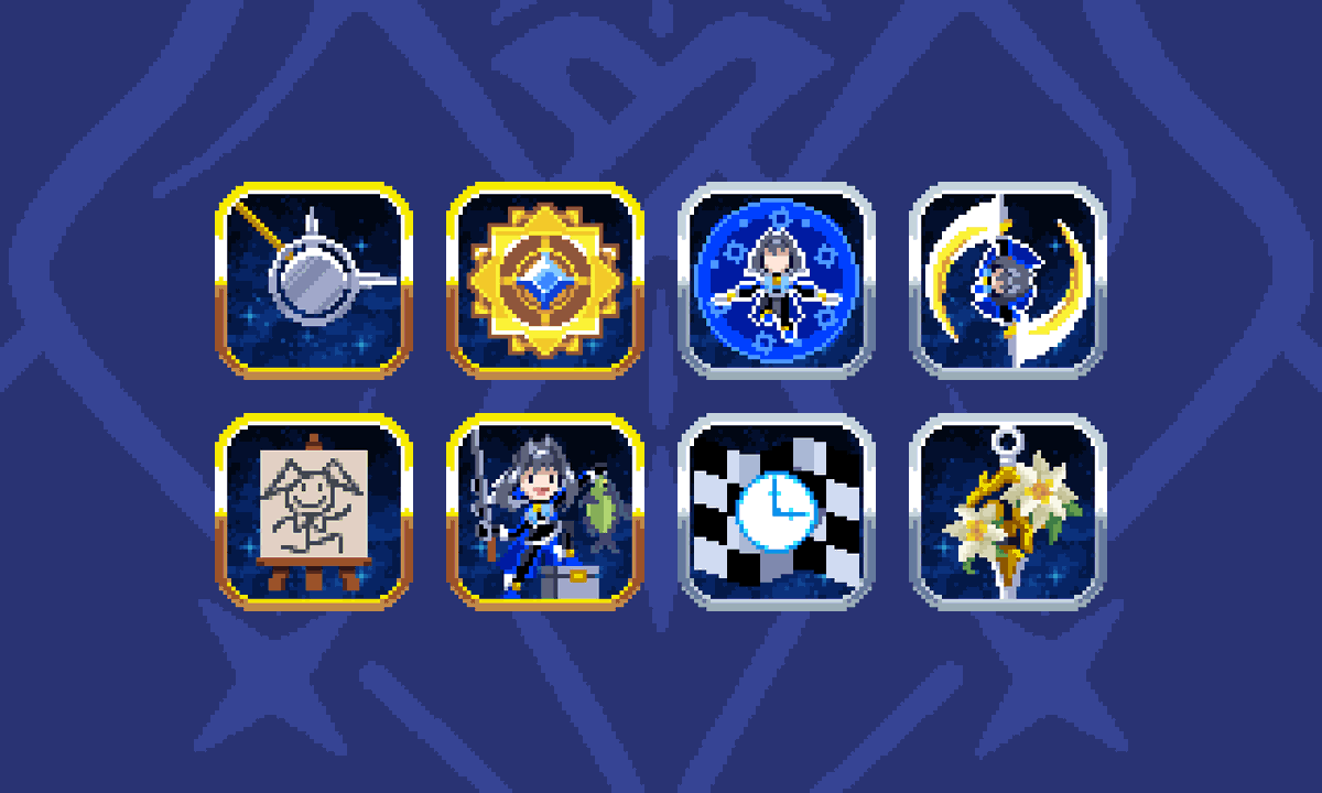 ChronoGearDev's tweet image. I drew some achievement icons yesterday! We'll have around 30 achievements to collect. ✨⏳✨
Can you guess what the requirements are?
#ChronoGear #kronillust #holoIndie