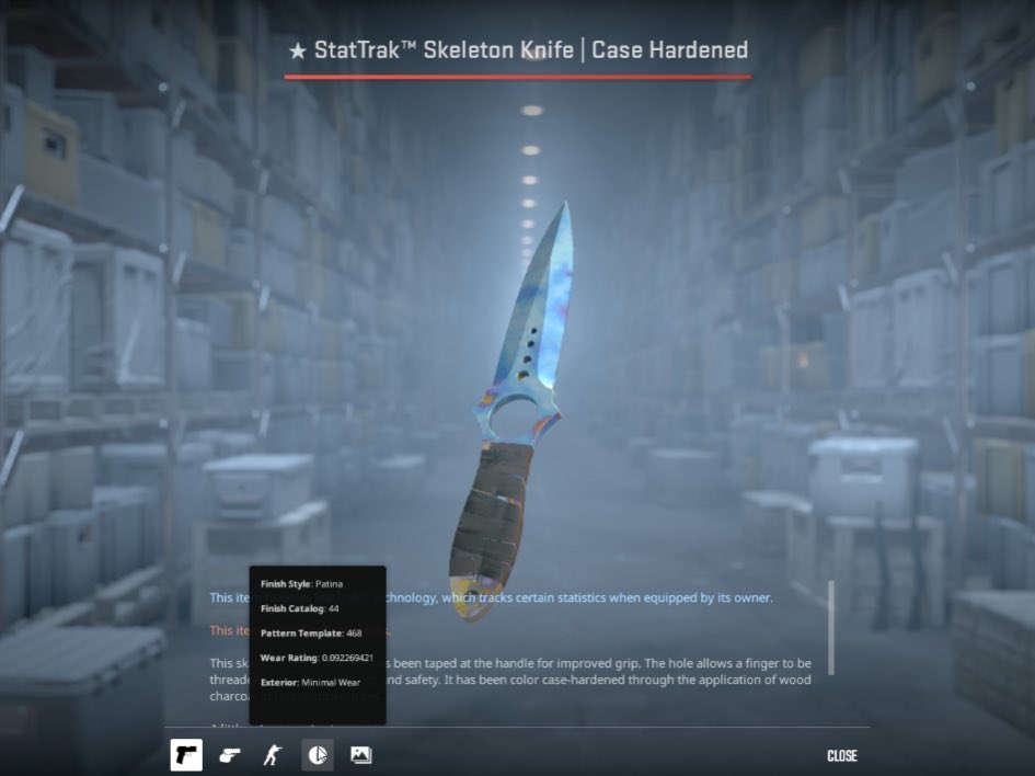 H4V0CK_CSGO's tweet photo. Looking for advice to sell a blue gem.

StatTrak Skeleton Knife | Case Hardened
Minimal wear

Pattern : 468 
Float : 0.0922
(Number 1 float of the tier 1 backside blue gem) 

Tag anyone, help me get a price for this 🤪 https://t.co/KTAbwr955O
