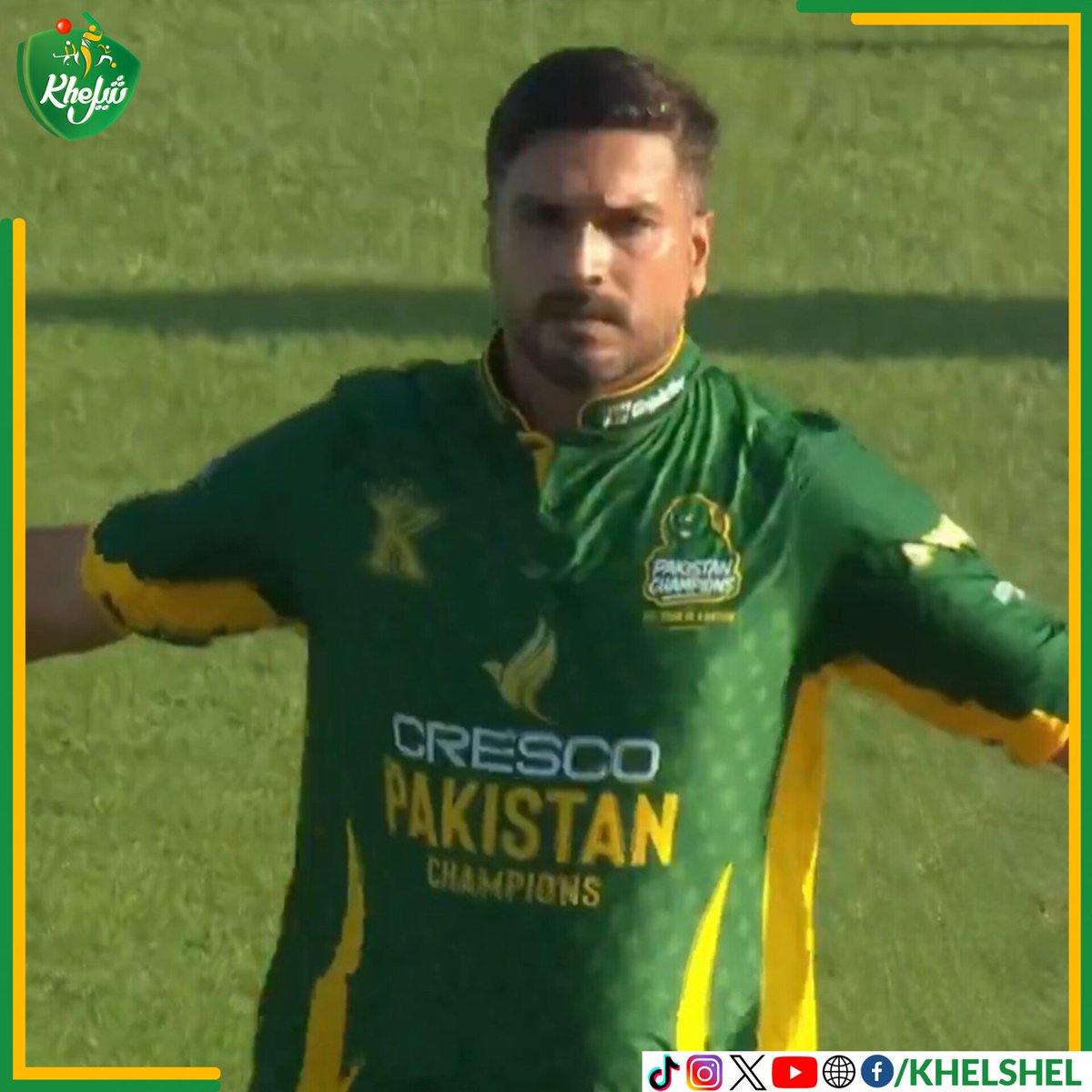 khelshel's tweet image. Rumman Raees on fire, takes 3 wickets for Pakistan Champions removing Chris Gayle, Dwayne Smith and Lendl Simmons.
#Cricket | #Pakistan | #RummanRaees | #Birmingham | #WCL2025