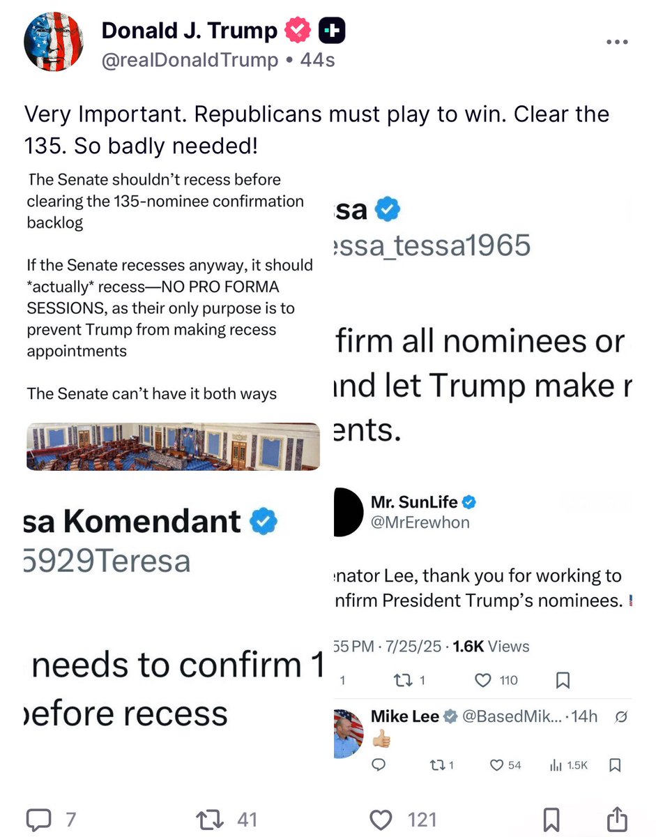 BREAKING 🚨 President Trump demands Senate Majority Leader John Thune stay and approve 135 of his appointments

TIME TO GET LOUD MAGA

NO MORE VACATIONS
