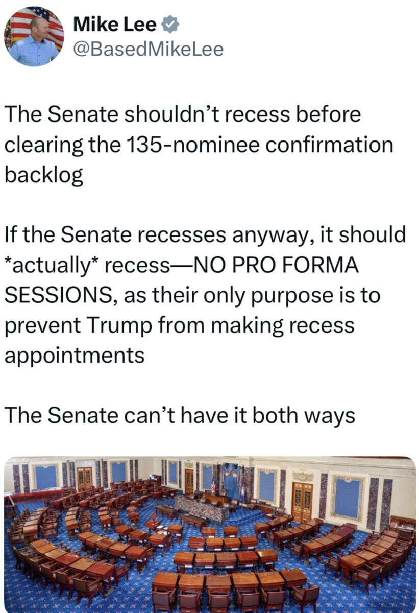 🚨 BREAKING: President Trump just AGAIN called for Senate Republicans and Leader Thune to cancel the August recess to confirm more nominees.

135 BACKLOG.

“Very Important. Republicans must play to win. Clear the 135. So badly needed!”