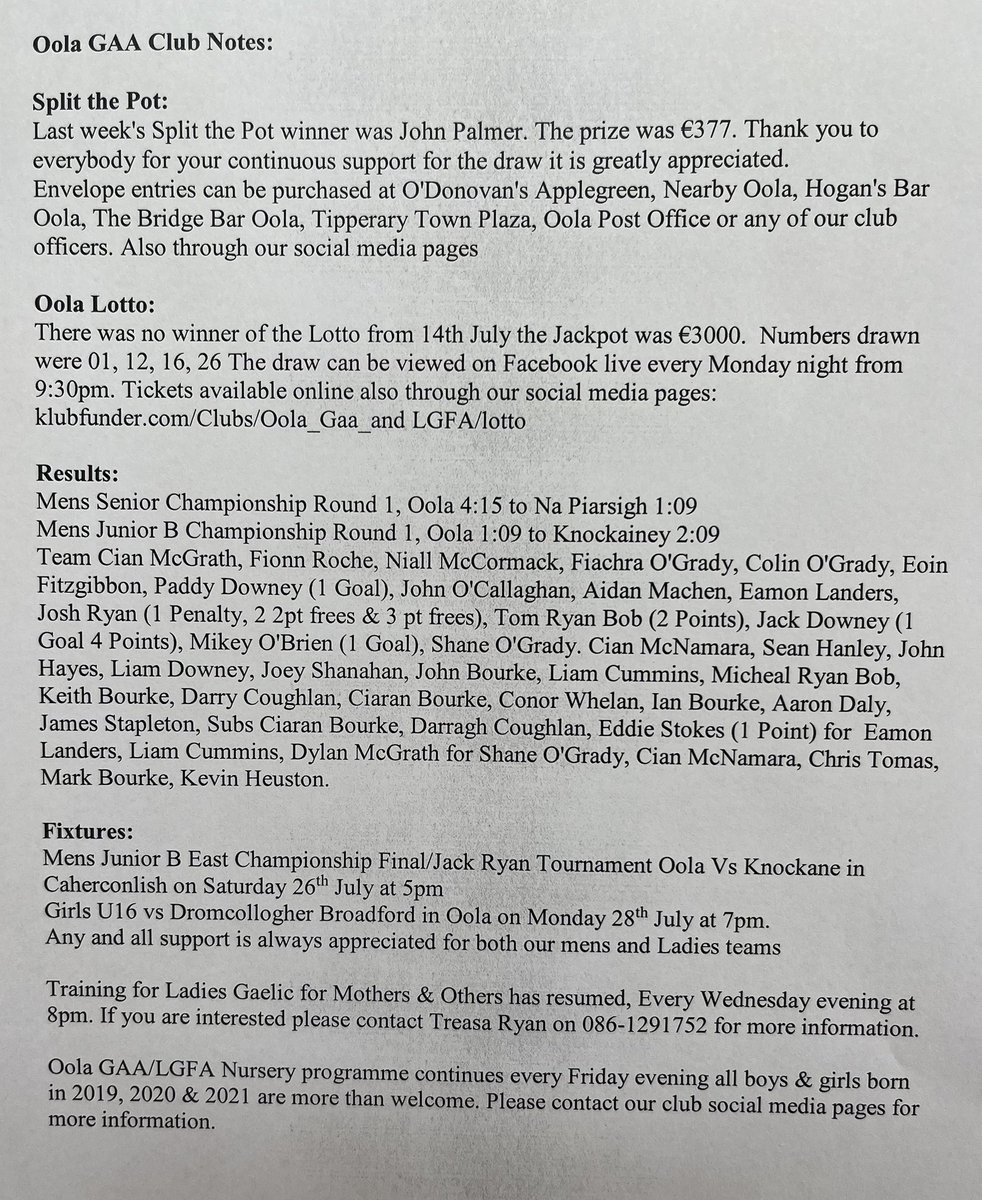 LimerickCLG's tweet image. Oola GAA Club Notes: