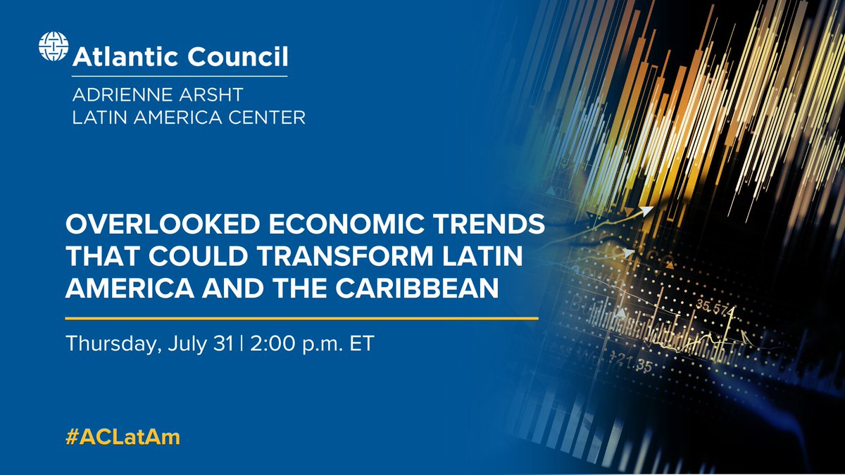 ACLatAm's tweet image. EVENT | What economic trends could transform Latin America and the Caribbean?
Join us Thursday, July 31 at 2:00 p.m. ET for a virtual conversation with @WilliamFMaloney (@WorldBank_IEG), @AnaPaulaVescovi (@santander_br), Ernesto Revilla (@Citi), and @jmarczak (@AtlanticCouncil)…