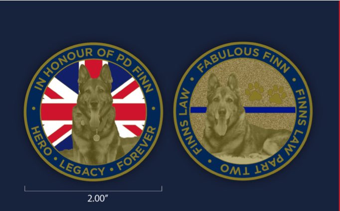 K9Finn's tweet image. 💙A Lasting Tribute to a True Hero 🐾

We’re proud to release the Fabulous Finn Memorial Challenge Coin – a special keepsake made in memory of our beloved PD Finn.

Gold in colour and rich in meaning, this limited-edition coin features two powerful designs:

🔹 On the front –…