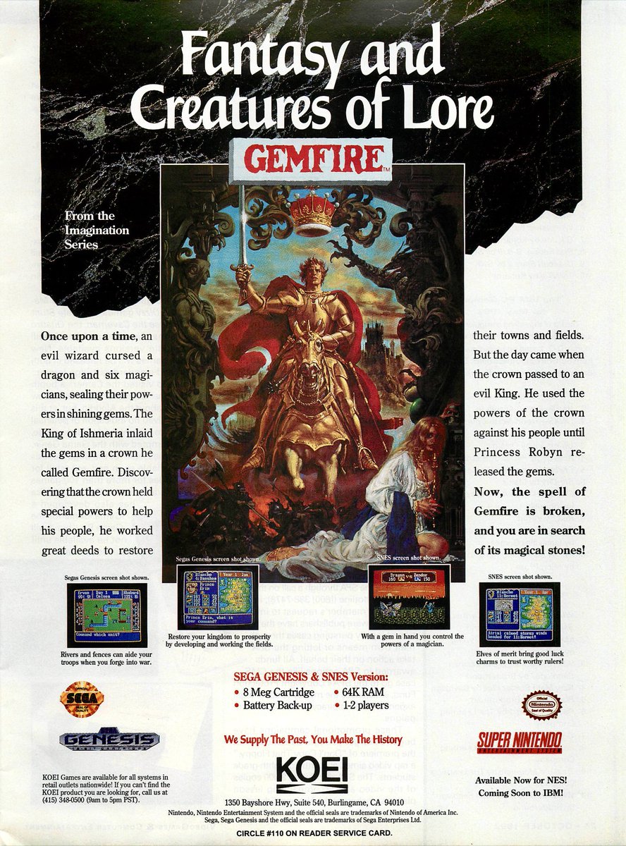 shinobi_sf's tweet image. Gemfire
Aka Royal Blood (ロイヤルブラッド) in Japan, this is a 1991 fantasy/strategy game by Koei for various PCs from its "Imagination Series”. A port to the Sega Mega Drive was released in the US and Japan in 1992.
#Sega #Koei #SegaGenesis #MegaDrive #Gemfire #RoyalBlood