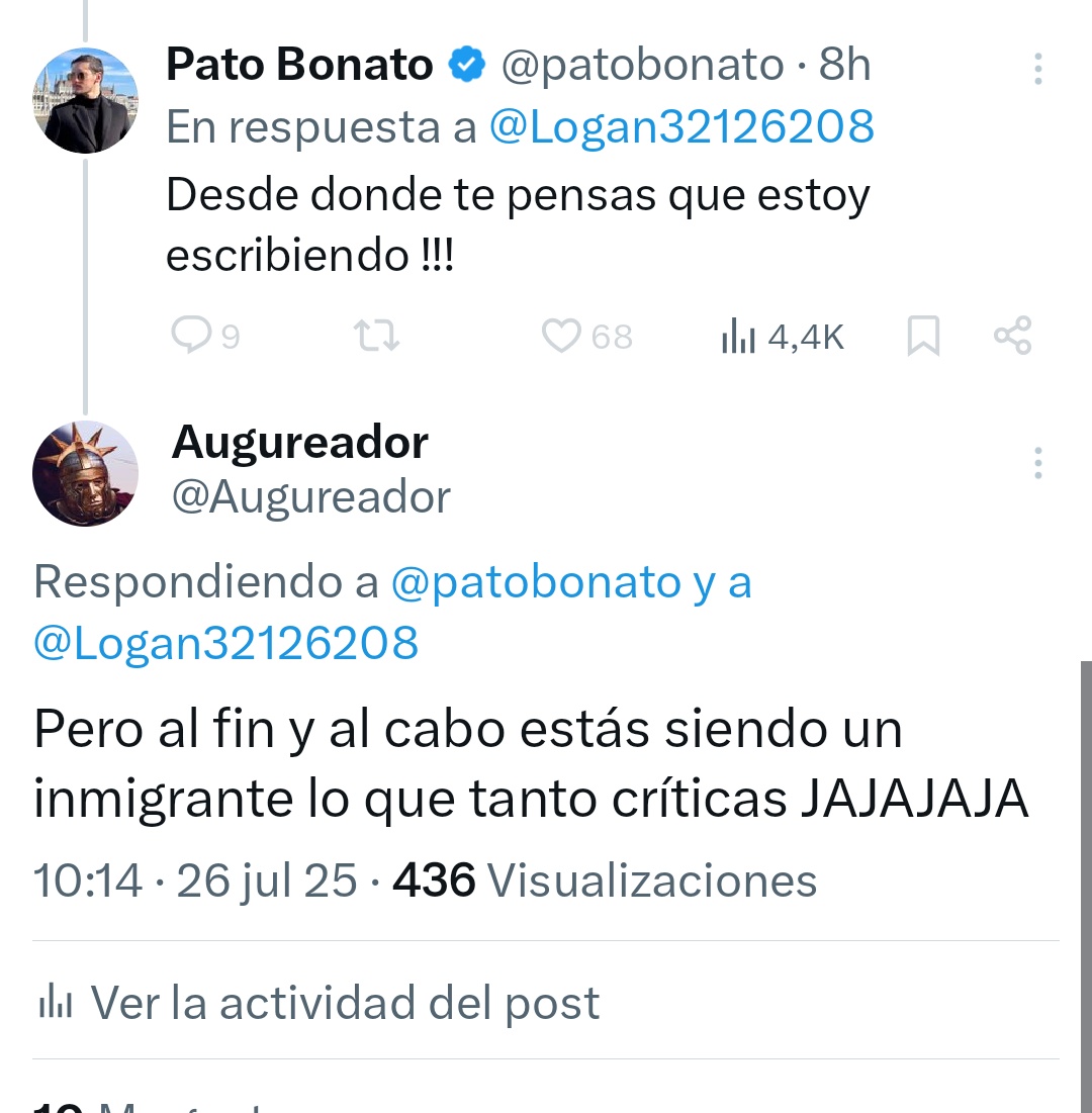 Augureador's tweet image. JAJAJAJA me bloqueo Pato Bonato que se queja de los inmigrantes de Polonia cuando el es un inmigrante en Polonia. Le puse eso y me bloqueó.
Le habrá dolido jajaja