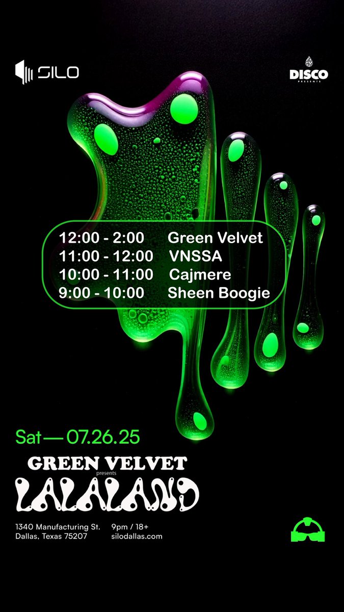 GreenVelvet_'s tweet image. Happy LALALAND Day Dallas! @VNSSAmusic @SheenBoogie @SiloDallas