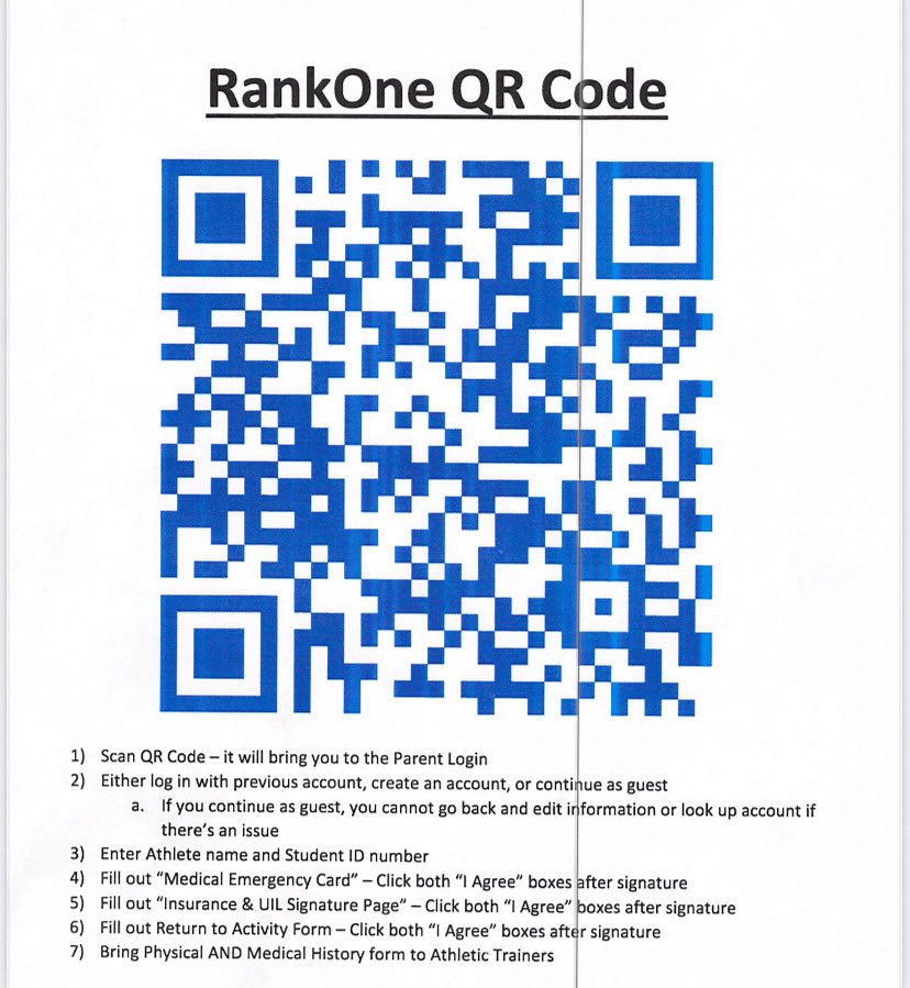 Hey..hey you..you’re not busy so go ahead and have your parents fill out your RankOne information so you can be ready to go on the first day of practice‼️

1) Scan QR Code - it will bring you to the Parent Login
2) Either log in with previous account, create an account, or