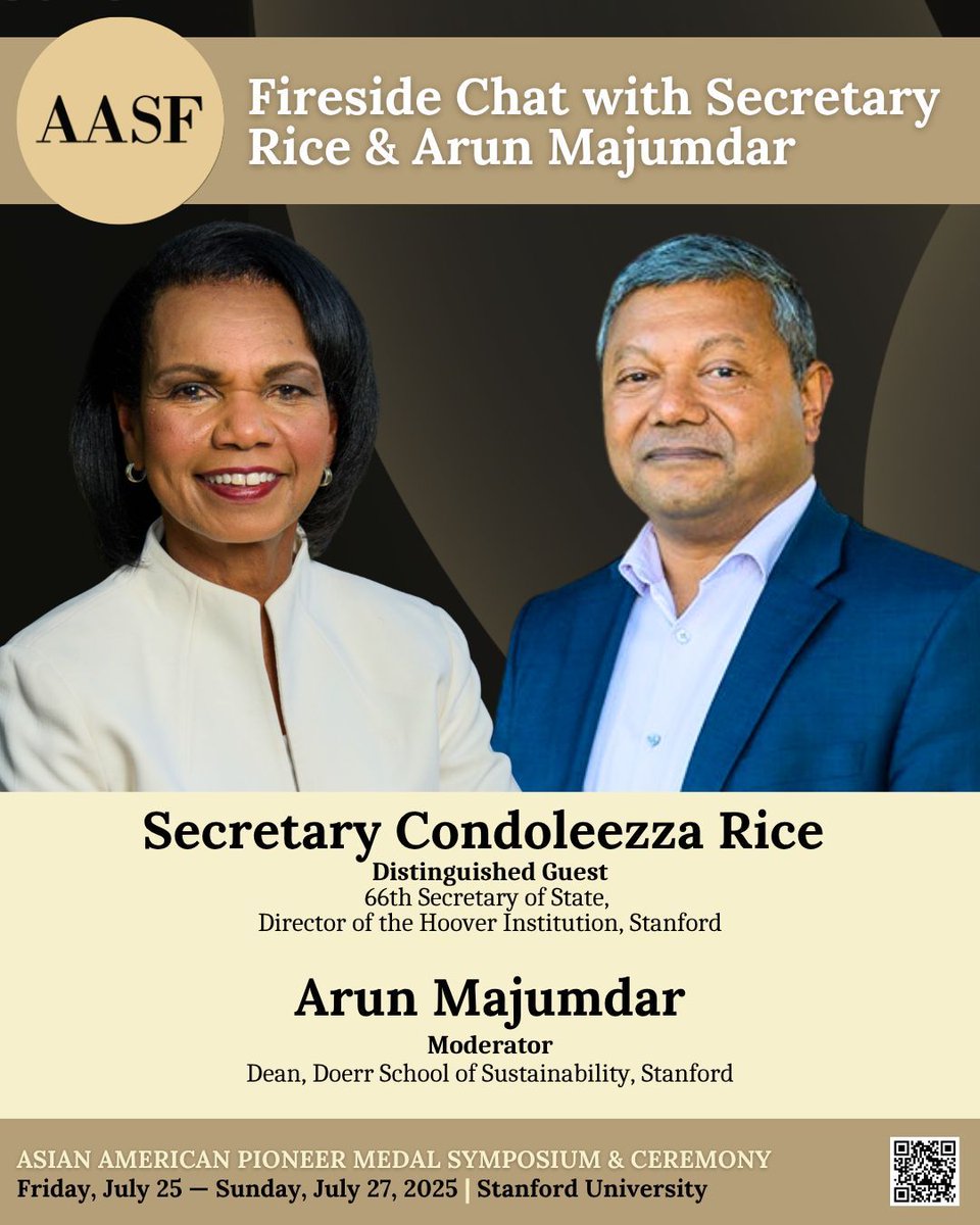 Asian American Scholar Forum (@aasforumorg) on Twitter photo During the AASF-Hoover Forum tomorrow, Secretary Condoleezza Rice, 66th Secretary of State & Director of the <a href="/HooverInst/">Hoover Institution</a>, will talk with host Arun Majumdar, Dean of <a href="/stanforddoerr/">Stanford Doerr School of Sustainability</a>. This fireside chat will address advancing policy through conversation: ticket.aafuturefoundation.org During the AASF-Hoover Forum tomorrow, Secretary Condoleezza Rice, 66th Secretary of State & Director of the <a href="/HooverInst/">Hoover Institution</a>, will talk with host Arun Majumdar, Dean of <a href="/stanforddoerr/">Stanford Doerr School of Sustainability</a>. This fireside chat will address advancing policy through conversation: ticket.aafuturefoundation.org