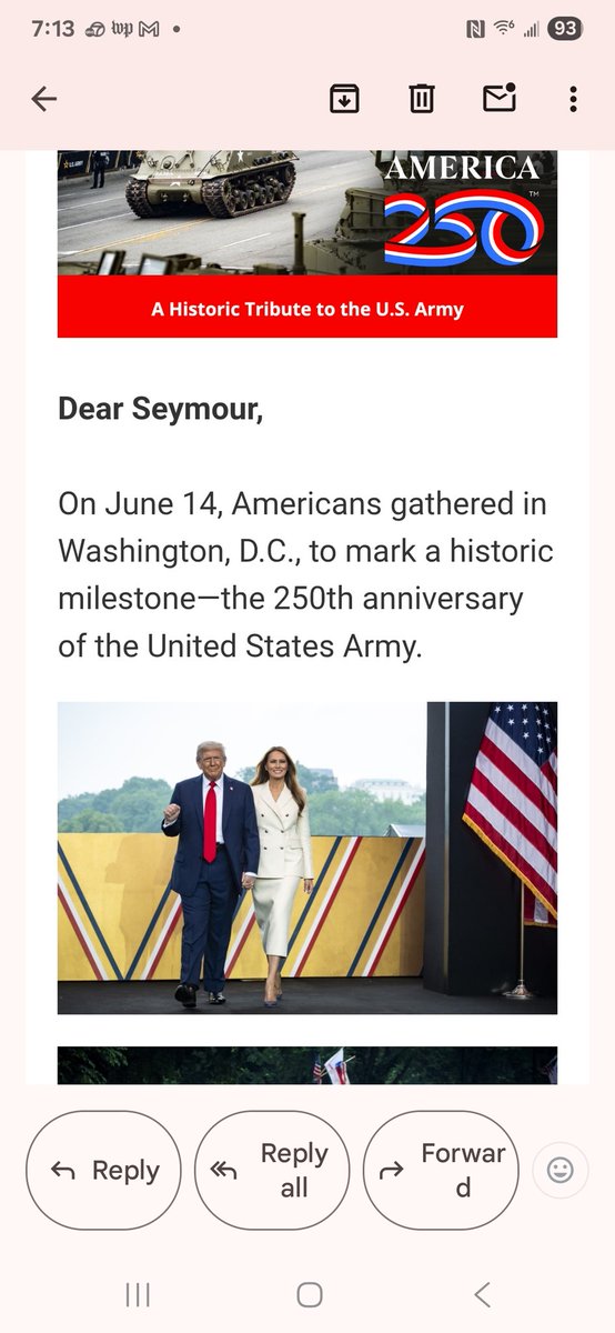 ifudontlike2bad's tweet image. Got this email from Trump’s camp addressed to Seymour Butts.
I've been RSVP’ing under that name since 2016. Reserving seats, never showing.
Nothing rattles a narcissist like rows of no-shows.
Happy 250th, U.S. Army 🇺🇸 Seymour salutes you.