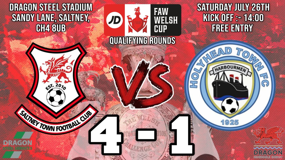 🔴⚫️ FT: Saltney Town 4-1 Holyhead Town ⚫️🔴

The new era starts with a STATEMENT. 💥
Into the next round of the Welsh Cup! 🏆

⚽️ 29’ Jay Thelwell (P)
⚽️ 52’ Alfie Harrington 
⚽️ 53’ James Dunseath 
⚽️ 77’ Alfie Harrington 

#UpTheTown #SaltneyTownFC #WelshCup #Matchday