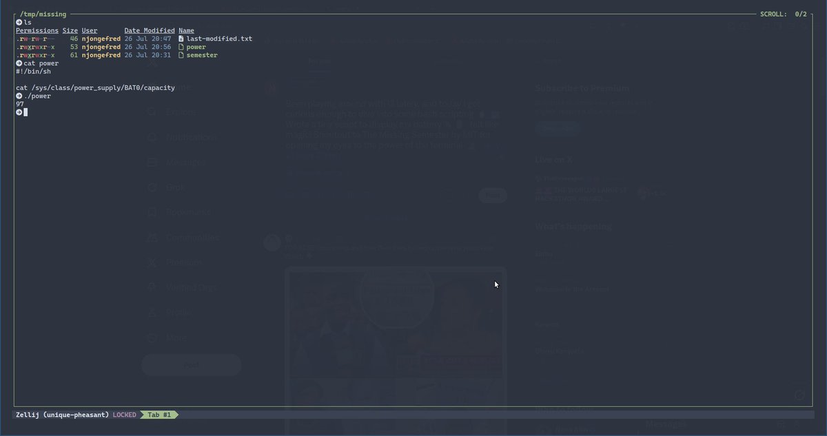 Been playing around with i3 lately, and today I got curious enough to dive into some bash scripting 🐧💻Wrote a tiny script to display my battery % 🔋  felt like magic! Shoutout to The Missing Semester by MIT for opening my eyes to the power of the terminal 👨🏽‍🚀 #linux #i3wm #bash