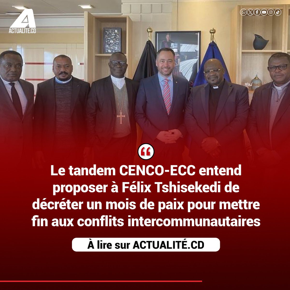 actualitecd's tweet image. Le tandem CENCO-ECC entend proposer à Felix Tshisekedi de décreter un mois de paix pour mettre fin aux conflits intercommunautaires
Pour ne rien rater, suivez la chaîne WhatsApp de ACTUALITE.CD sur 👉🏾 whatsapp.com/channel/0029Va…
