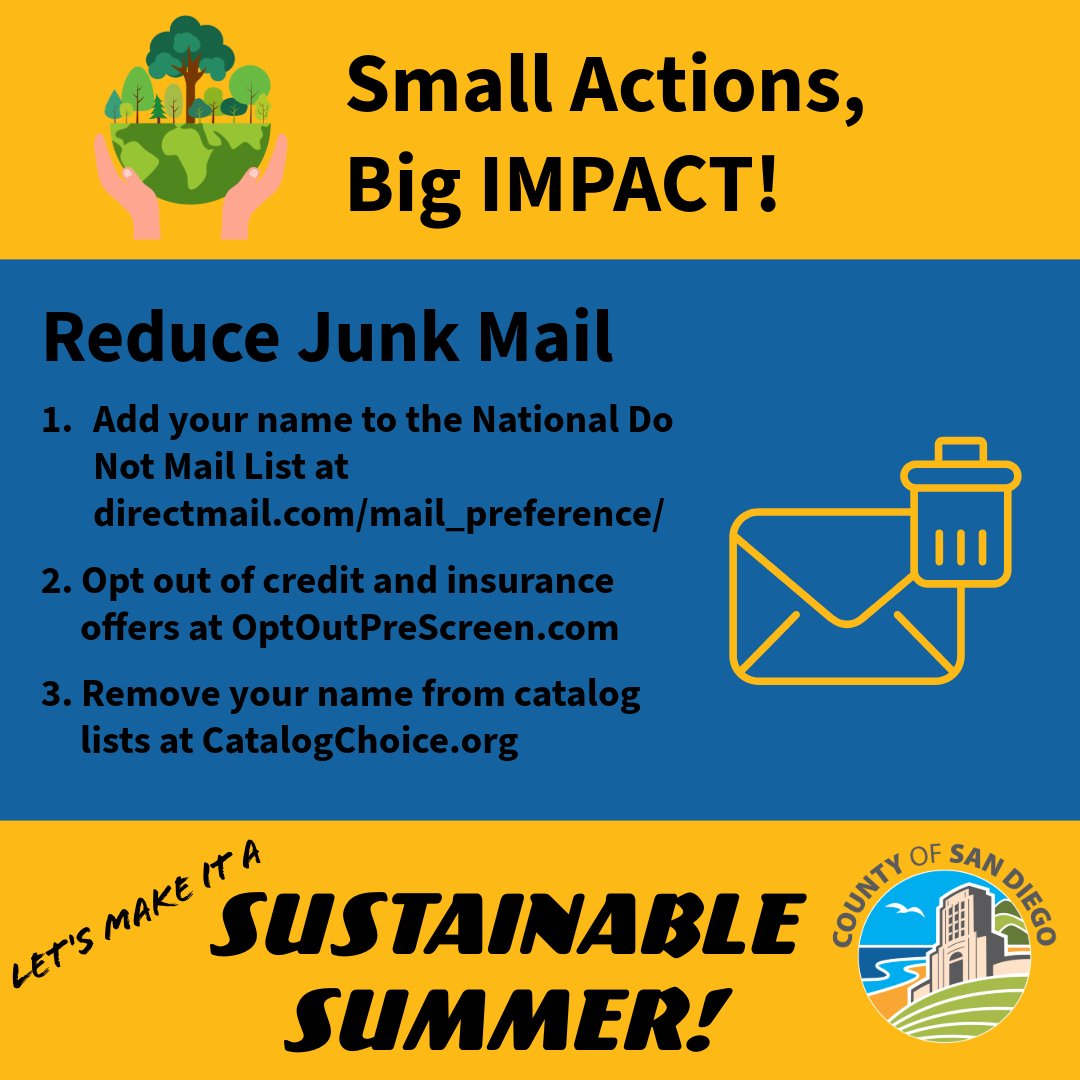 SanDiegoCounty's tweet image. In the 2023 fiscal year, the United States Postal Service (USPS) delivered 59.41 billion pieces of marketing mail.
You can be more sustainable by helping to reduce the junk mail you receive.
Here's how to do it in 5 easy steps: sandiegocounty.gov/content/sdc/dp…