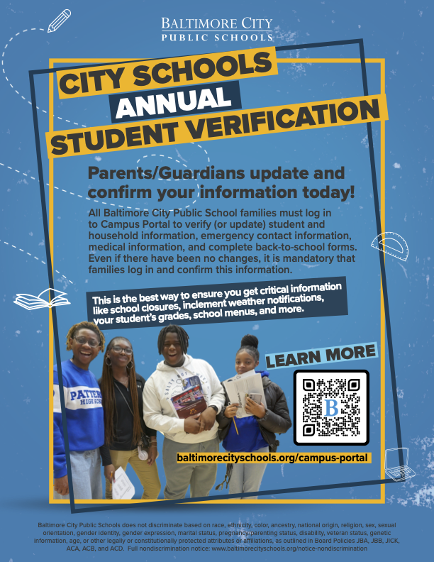 BaltCitySchools's tweet image. Important back-to-school reminder for City Schools families! Annual Student Verification is now open, and families must log in to Campus Portal by Tuesday, September 30 to update and confirm student information - even if there are no changes. baltimorecityschools.org/page/campus-po…