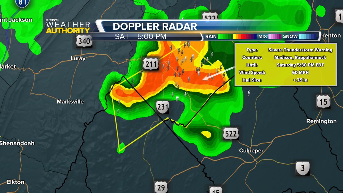 CBS19News's tweet image. A Severe Thunderstorm Warning is now in effect until Jul 26 5:30PM for the following counties: Madison, Rappahannock. Damaging winds and hail are possible with these storms.
