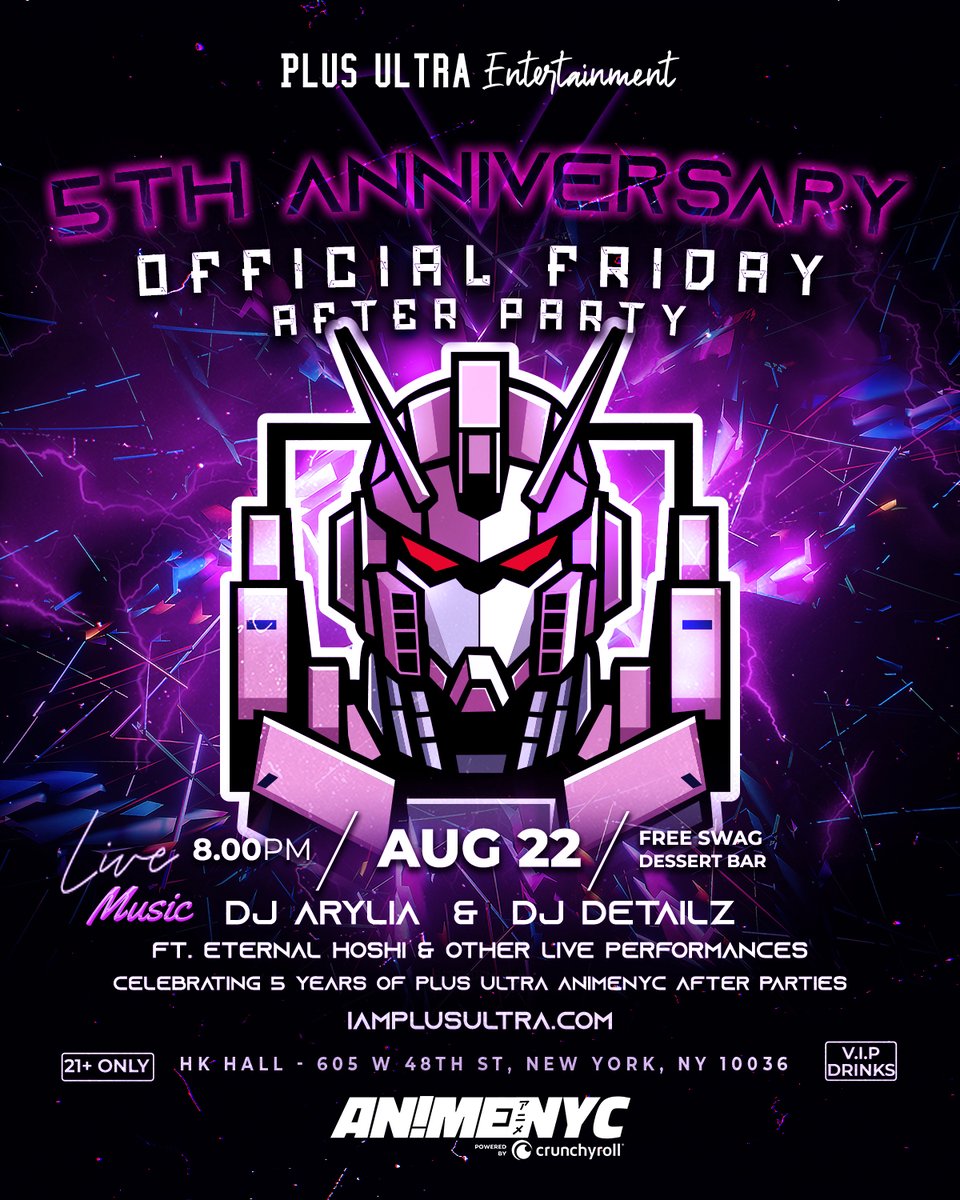animenyc's tweet image. 🪩 FRIDAY OFFICIAL AFTERPARTY 🪩
Don’t miss Plus Ultra’s Friday night official afterparty! Snag a VIP ticket and get early access into the venue, Complimentary dessert, one free drink, a small meal (until 12:00am) and a Plus Ultra swag bag!
🎟️ TICKETS: loom.ly/f1nDr_M