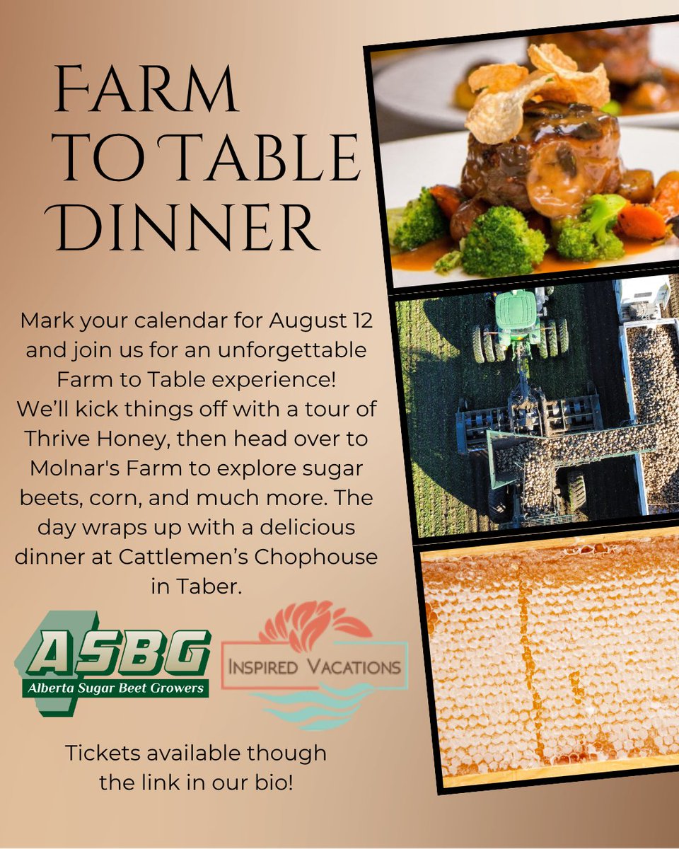 AbSugarBeetGrowers (@asbg) on Twitter photo Tickets are now available through the ASBG website! 
Join us August 12 for an unforgettable Farm to Table experience featuring local farms, fresh ingredients, and a gourmet dinner you won’t want to miss. 
Hosted by: Alberta Sugar Beet Growers & Inspired Vacations 
#FarmtoTable Tickets are now available through the ASBG website! 
Join us August 12 for an unforgettable Farm to Table experience featuring local farms, fresh ingredients, and a gourmet dinner you won’t want to miss. 
Hosted by: Alberta Sugar Beet Growers & Inspired Vacations 
#FarmtoTable