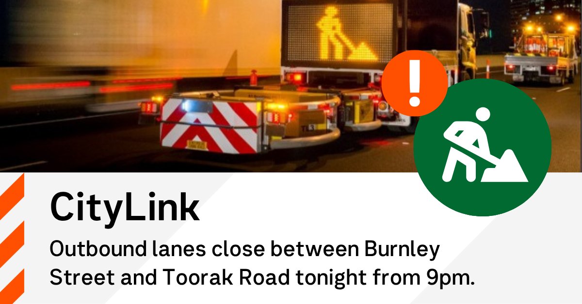 VicTraffic's tweet image. The outbound lanes of CityLink/Monash Freeway close between Burnley Street and Toorak Road tonight from 9pm to 5am, for Transurban's maintenance works. Motorists will be diverted through Hawthorn and Kooyong. Heavy vehicles should use Kings Way and Dandenong Road. #victraffic
