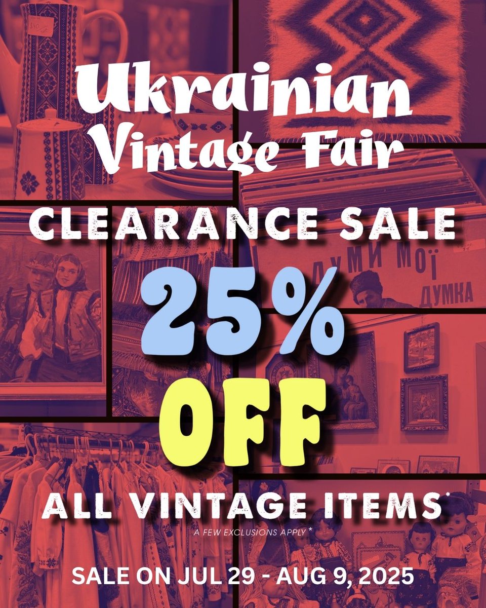 There are only 2 WEEKS remaining for you to get cool vintage stuff in our Boutique and Gallery from our Ukrainian Vintage Fair running until Saturday August 9.

And starting Tuesday all vintage items (with a few exclusions) are 25% until the final day of the Fair.