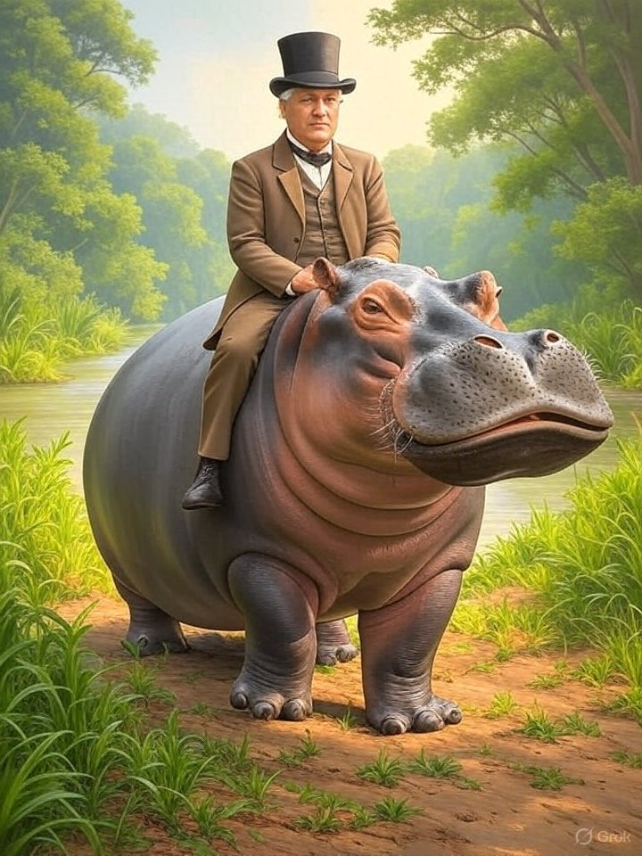 BryanONolan's tweet image. They say you can’t make *real* art with AI, but here’s Millard Filmore riding a hippopotamus.