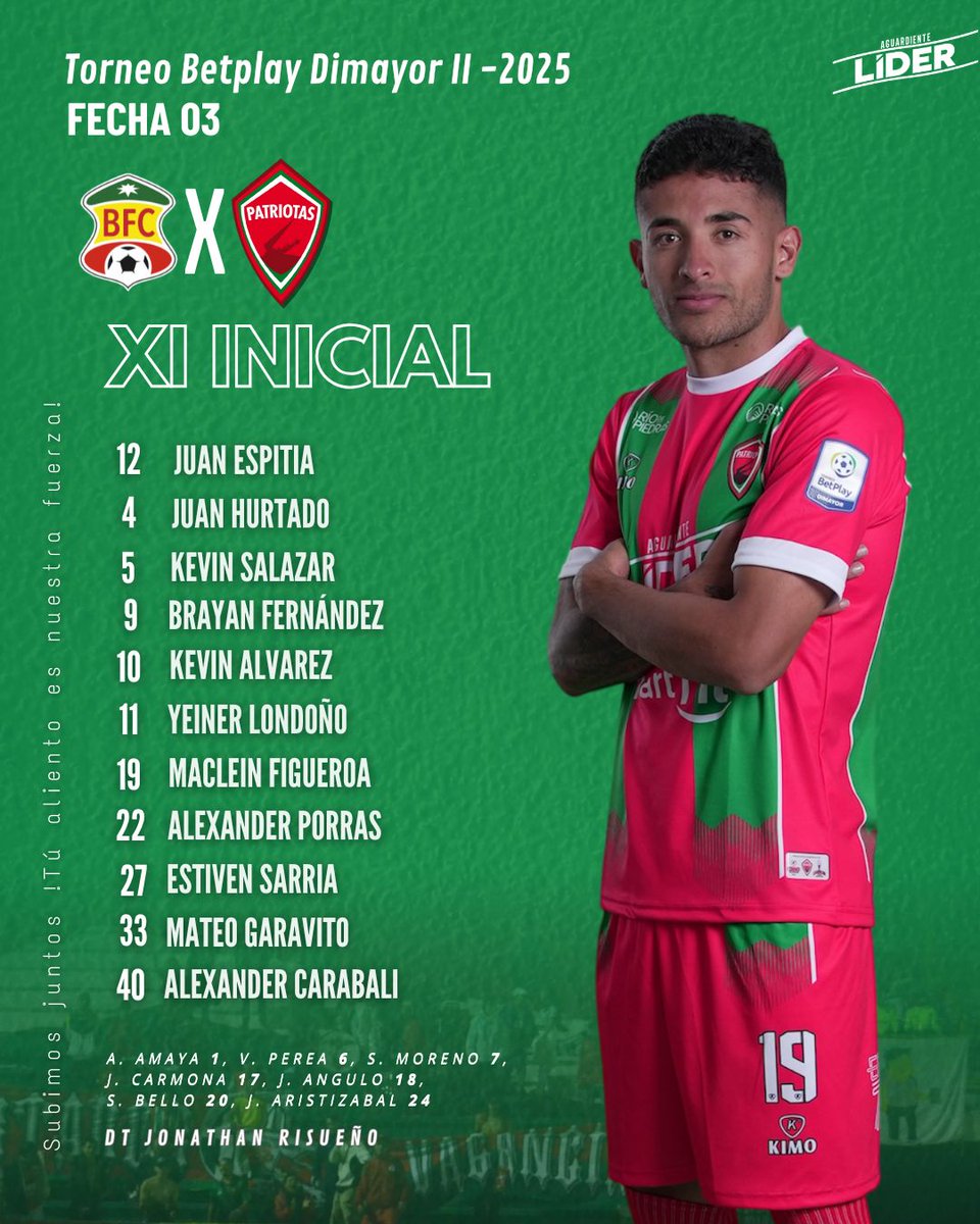 Patriotas Boyacá (@patriotas_boy) on Twitter photo La tropa está lista y aquí están los 11 que saltarán al campo y lucharán con el corazón.
<a href="/BarranquillaFC/">Barranquilla FC</a> VS <a href="/Patriotas_Boy/">Patriotas Boyacá</a>
🏟️ Romelio Martínez
Fecha #3 Torneo Betplay Dimayor-II 2025
#SubimosJuntos #SomosBoyacá
🥁 <a href="/LicoreraBoyaca/">Licorera de Boyacá</a> La tropa está lista y aquí están los 11 que saltarán al campo y lucharán con el corazón.
<a href="/BarranquillaFC/">Barranquilla FC</a> VS <a href="/Patriotas_Boy/">Patriotas Boyacá</a>
🏟️ Romelio Martínez
Fecha #3 Torneo Betplay Dimayor-II 2025
#SubimosJuntos #SomosBoyacá
🥁 <a href="/LicoreraBoyaca/">Licorera de Boyacá</a>