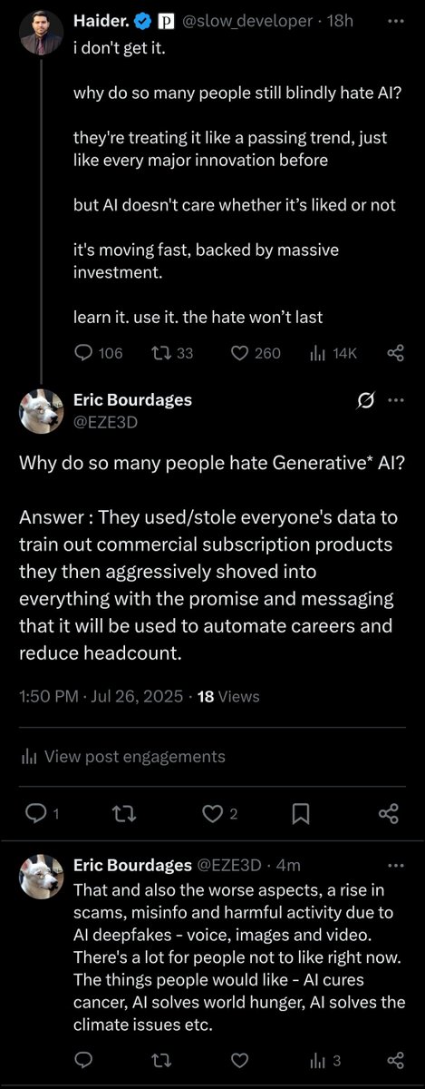 EZE3D's tweet image. With all the ongoing lawsuits, the gov debates about AI being discussed, the gross rhetoric from the tech industry and the public backlash all very much visible to the public, you&apos;d think it would be simple for people to understand.