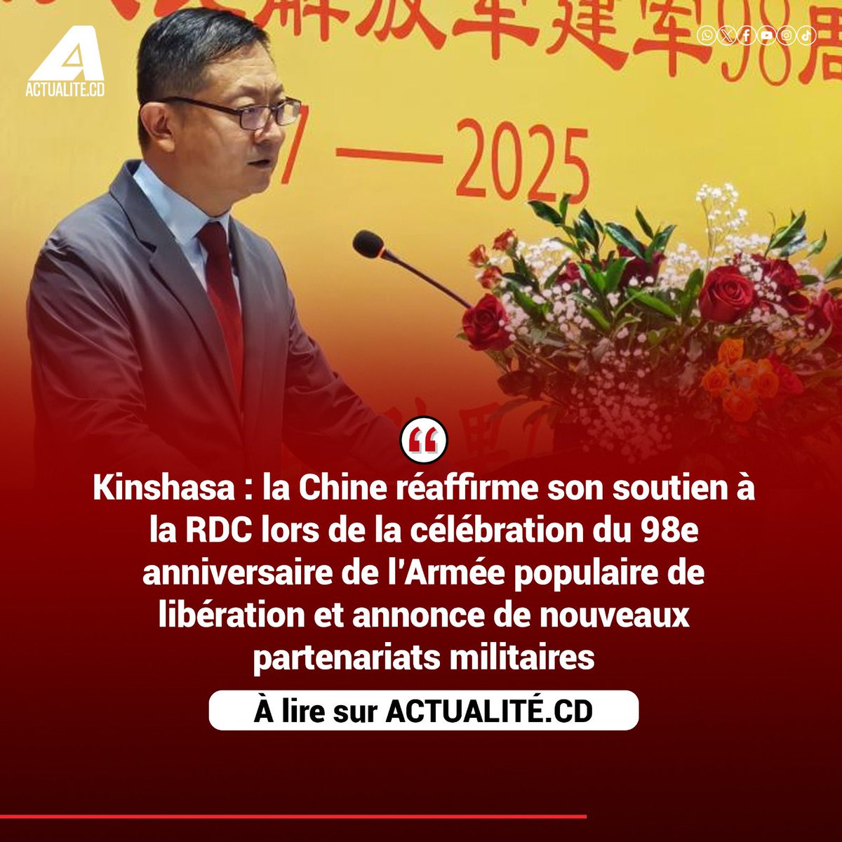 actualitecd's tweet image. Kinshasa: la Chine réaffirme son soutien à la RDC lors de la célébration du 98e anniversaire de l'Armée populaire de libération et annonce de nouveaux partenariats militaires
Restez branchés sur la chaîne Whatsapp de actualité.CD sur 👉🏾 whatsapp.com/channel/0029Va…