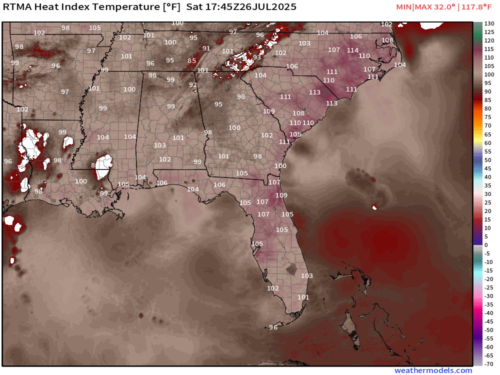 PC_WeatherBoy's tweet image. This heat is just craziness!!! Current heat indexes across the South East this afternoon. The Carolinas are burning up!